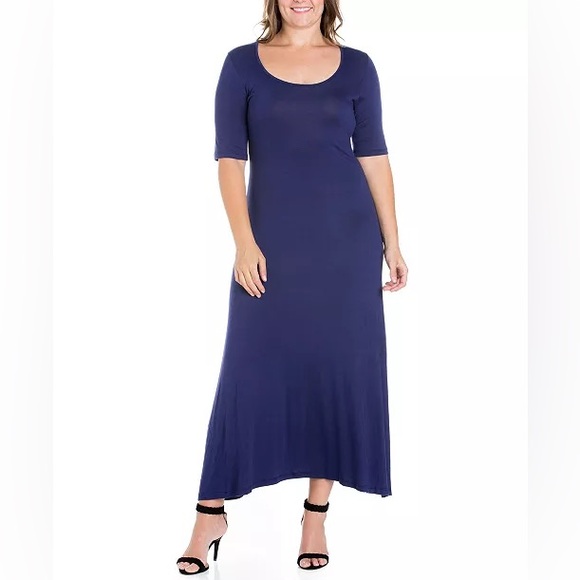 24seven Dresses & Skirts - 24Seven Comfort Apparel Elbow Length Sleeve Scoop Neck Navy Maxi Dress Size L